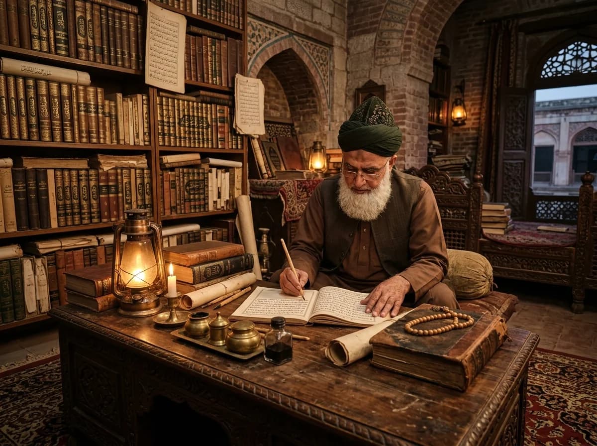Respectful traditional Islamic study setting with classical manuscripts and sacred texts