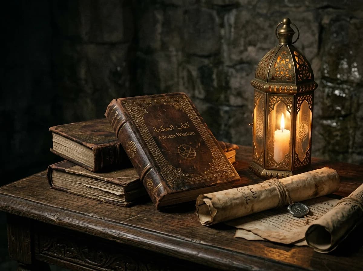 Ancient Islamic manuscripts, leather-bound books, and brass lantern