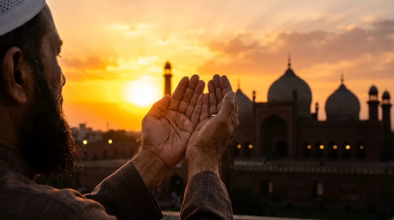 Hands raised in humble Islamic Dua prayer towards golden sunset with mosque in background