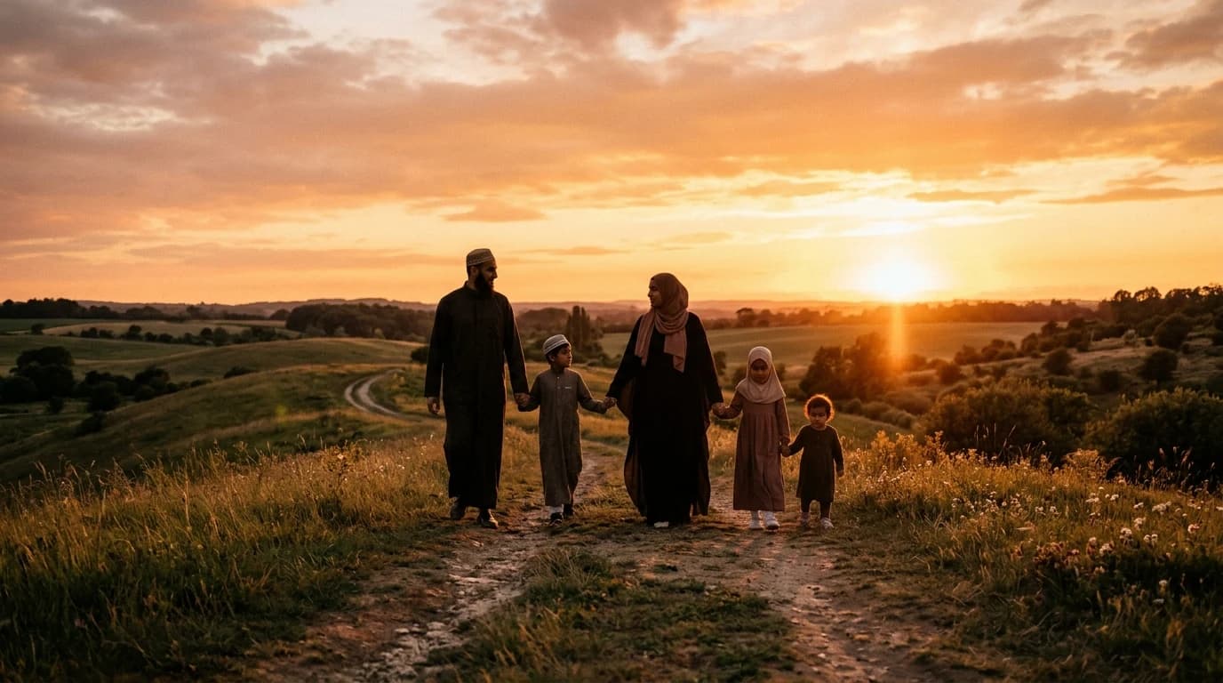Muslim family silhouette walking together outdoors at warm golden sunset