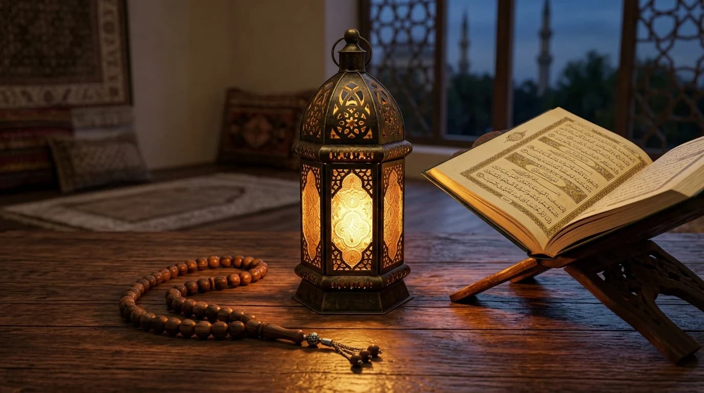 Antique brass lantern glowing beside wooden prayer beads and Holy Quran on table