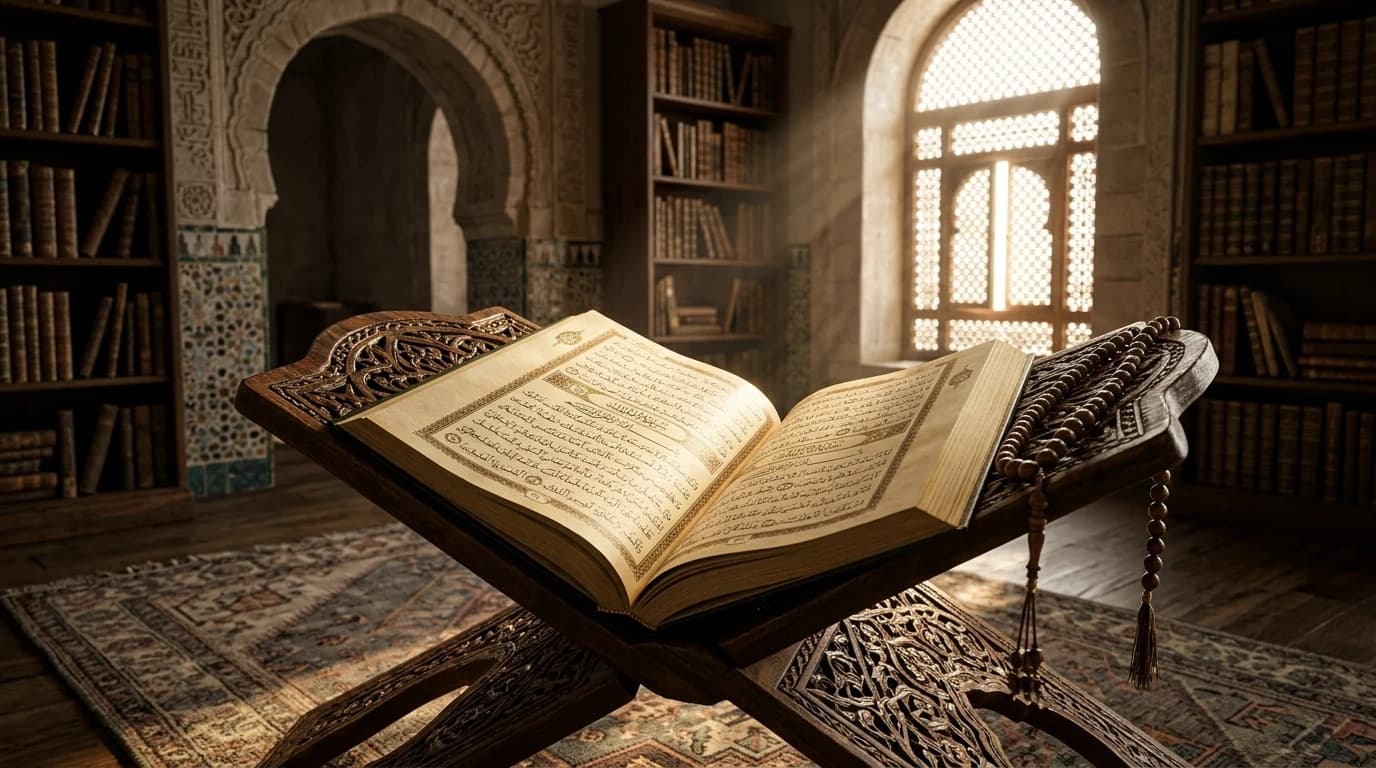 Open Holy Quran illuminated by sunlight on carved wooden rehal stand in a tranquil Islamic library