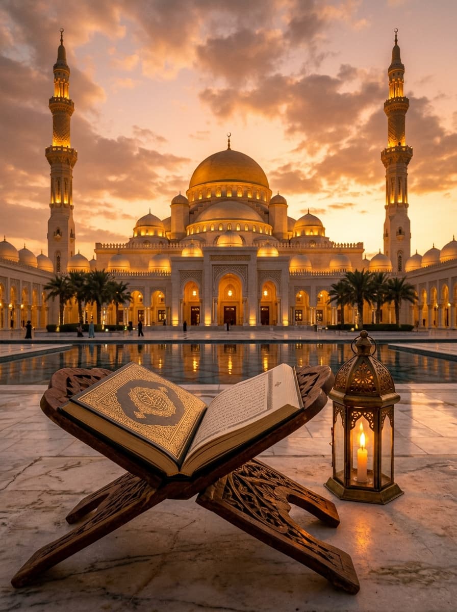 Mosque at golden hour with open Holy Quran on wooden rehal stand and lit fanoos lantern