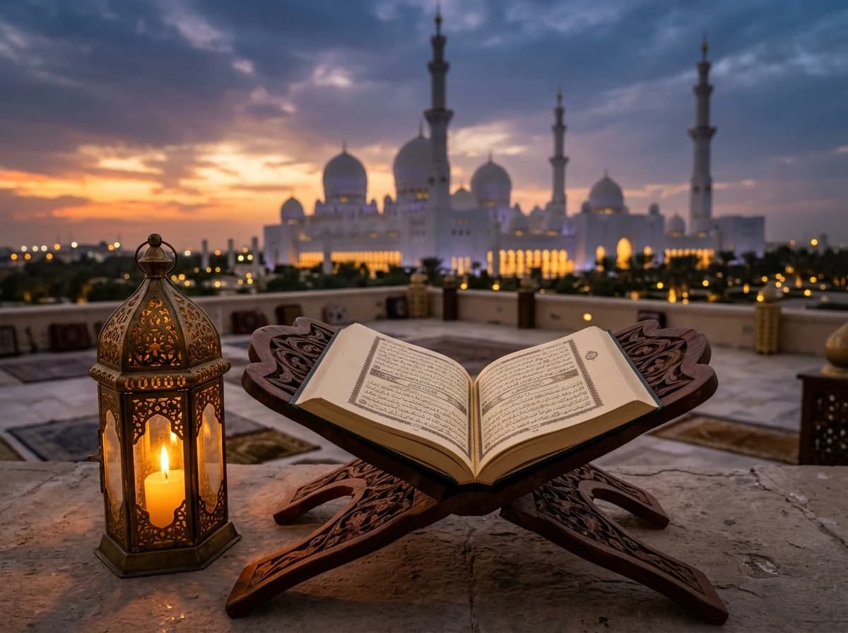 Holy Quran open on carved wooden rehal illuminated by glowing lantern at twilight grand mosque