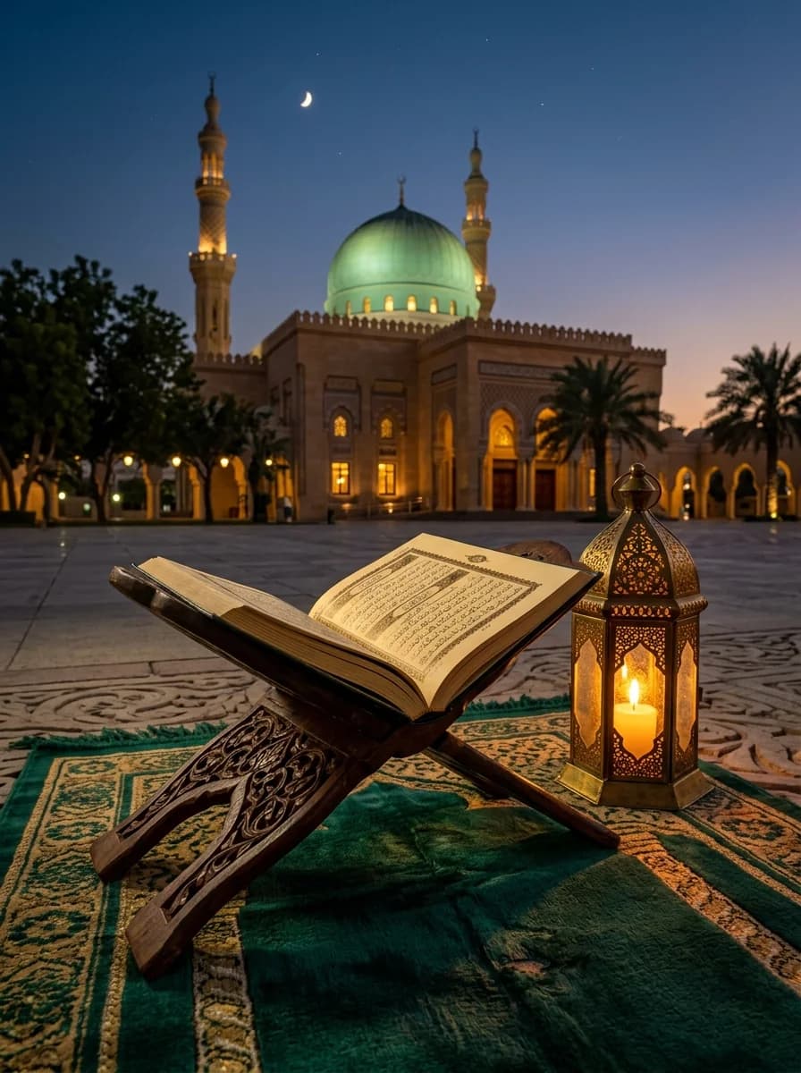 Holy Quran resting on carved wooden rehal with glowing antique lantern and serene green dome mosque under twilight crescent