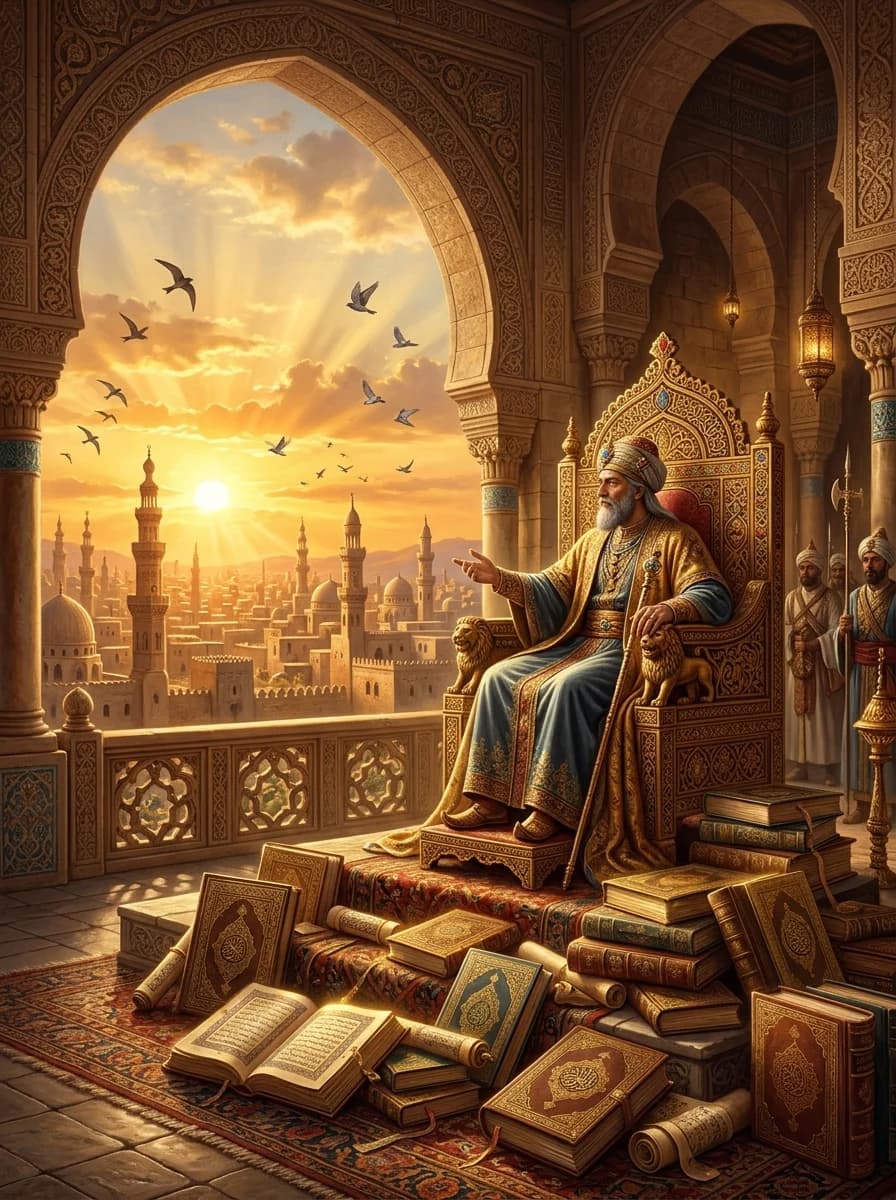 Prophet Sulaiman (A.S) overlooking the city with illuminated manuscripts beneath the throne