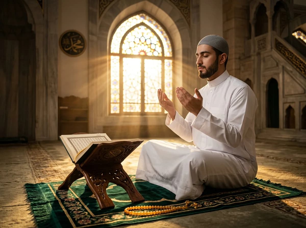 Holy Quran placed gracefully on a carved wooden rehal with peaceful mosque courtyard in background representing Istikhara