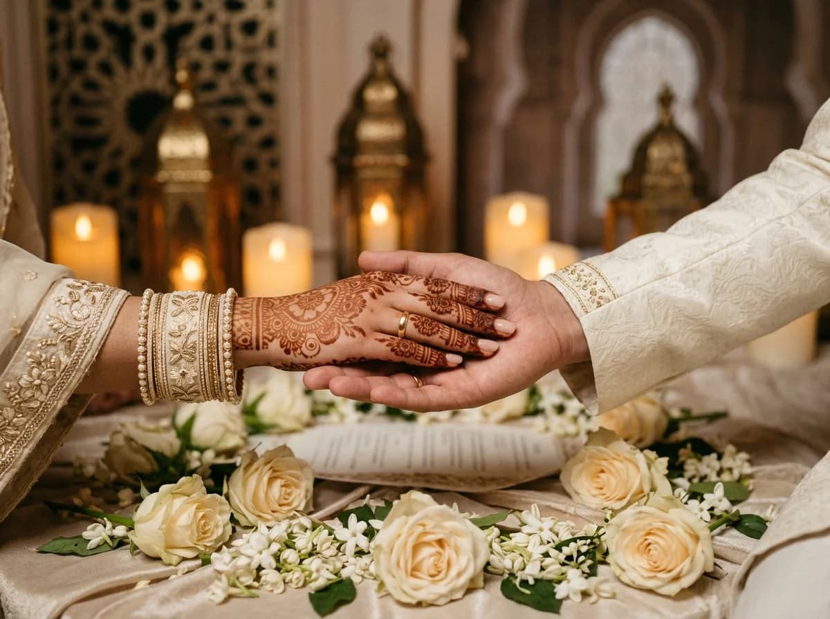 Respectful Islamic matrimonial Nikah ceremony with bride and groom hands, wedding rings, and floral blessing