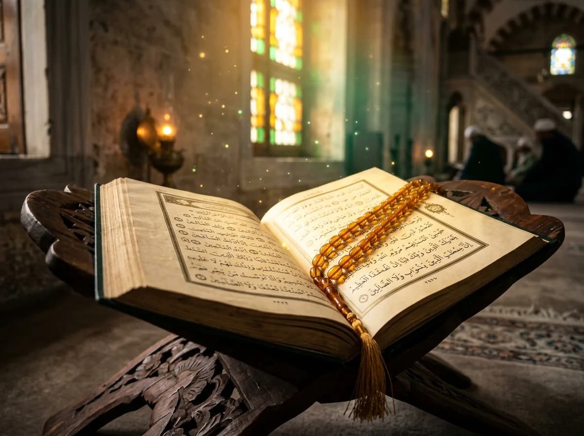 Open Holy Quran illuminated by warm golden light with prayer beads representing Rohani Ilaj