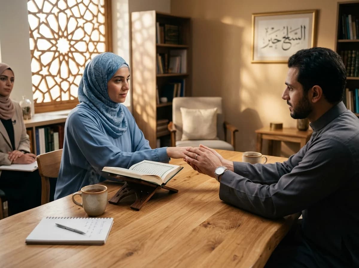 Dignified Islamic marital counseling and reconciliation session with open Quran and Sulh calligraphy